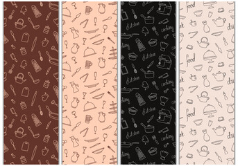 Set of brown and beige seamless patterns with hand drawn sketchy kitchenware. Dark and light wrapping paper with chalkboard or tablecloth, napkin design with cooking tools, cutlery