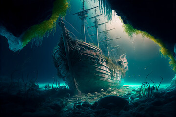 Fototapeta premium an old pirate ship sunk in the depths of the ocean