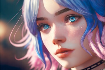 Close up of beautiful anime girl that has blue and pink hair with blue eyes. Glancing at someone. Generative ai technology.