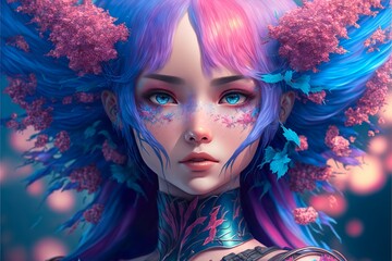 Close up of beautiful anime girl that has blue and pink hair with blue eyes. Looking straight. Generative ai technology.