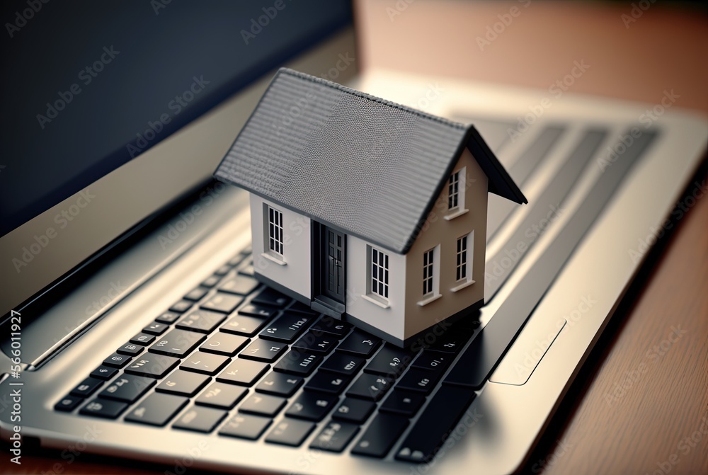 Wall mural toy house figure on laptop keyboard, idea for online property search, buy, sell, rent, concept , gen