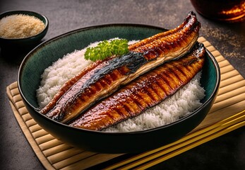  Japanese grilled eel dish,  Unagi donburi,  Generative Ai