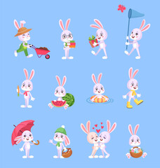 Cartoon rabbit poses. Hare creative pose, crazy bunnies collection easter snow rabbits comic funny smile fairy bunny with orange carrot spring autumn characters vector illustration