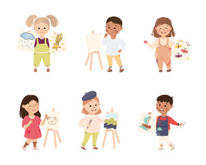 Happy Cute Kids Drawing and Painting on Paper and Canvas with Brush and Color Pen Vector Set