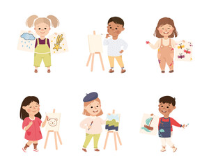 Fototapeta premium Happy Cute Kids Drawing and Painting on Paper and Canvas with Brush and Color Pen Vector Set