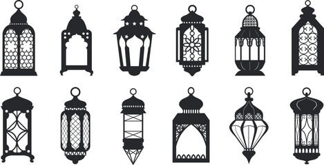 Black ramadan lanterns. Fanous line lantern, arabic lamps silhouettes vintage egyptian moroccan dubai eastern lamp for islamic mosque or arabian lighting, neat vector illustration - obrazy, fototapety, plakaty