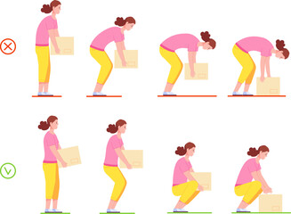 Woman lifting box. Correct and incorrect handling heavy objects, painful or safety posture for carry heaviness, wrong proper lift work women position, splendid vector illustration