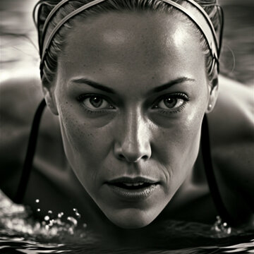 An ai generated action portrait of a woman athlete swimmer swimming in a pool or open water.  The person is shown exhibiting determination and focus while swimming.