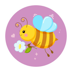 Vector illustration of a bee in love with a camomile in a cartoon flat style