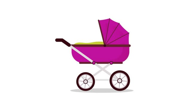 Baby buggy animation - Girls stroller pram in pink colour moving around with spinning wheels. Flat design animation on white background