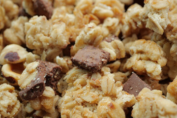 detail shot of chocolate granola Musli in a bowl, 