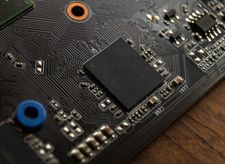 Fototapeta premium Electronic board with transistors and resistors. Printed circuit board. Transistors and resistors. Computer motherboard. Computer video card. Printed tracks of the electronic board