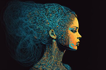 cyber woman with a neural network thinks artificial intelligence with a digital brain