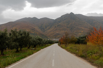 the road to the village in the countryside , road photo taken from ground level mountain in background