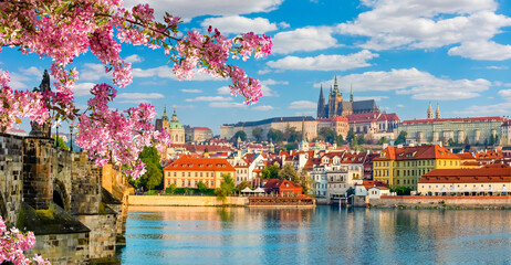 Scenic Prague panorama with Hradcany castle and Vltava river in spring, Czech Republic © Mistervlad