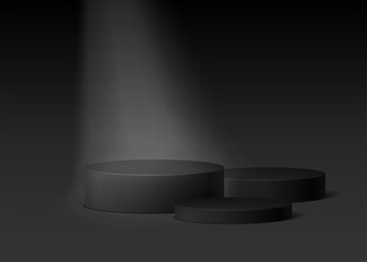 Stand show cosmetic product. Black realistic 3d cylinder pedestal podium on black backdrop. Abstract vector geometric platform for product display presentation.