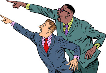 People point with their hand. Template advertising announcement news sale. Two male businessmen, partners Pop art style