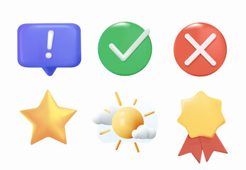 3D icons set in realistic cartoon style checkmark, yes tick, no symbol, golden star, sun and clouds, badge award symbols for UI UX design. Vector render illustration