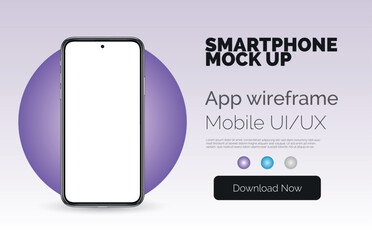 Mock up smart phone with white copyspace for infographics or UI design. Realistic 3d cell phone vector template. Smartphone frame presentation with blank screen.