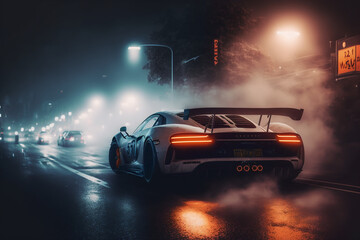Sport racing car riding in night city, cinematic scene