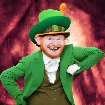 AI generative illustration smiling St Patricks Day leprechaun with red curtain in background.