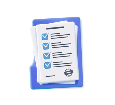 Folder With Documents 3D Render Illustration In Cartoon Style. 3D Contract With Stamp And Check Mark Paper. 3D Stack Of Agreements Document Icon With Signature And Approval Stamp Vector Isolated White