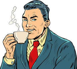 Joyful businessman drinking morning coffee. Hot drink. Cappuccino cocoa tea