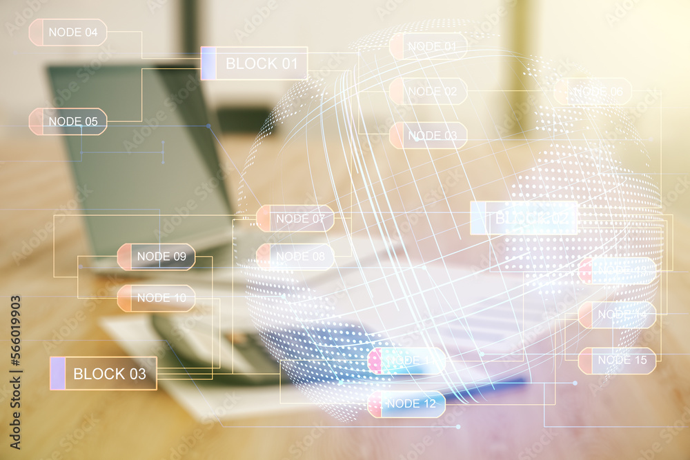 Poster double exposure of abstract programming language hologram and world map on blurry calculator with la