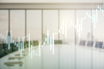 Double exposure of virtual creative financial diagram on a modern boardroom background, banking and accounting concept