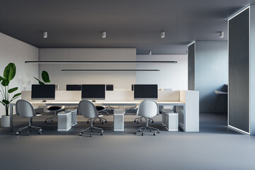 Modern concrete coworking office interior with furniture and equipment. 3D Rendering.
