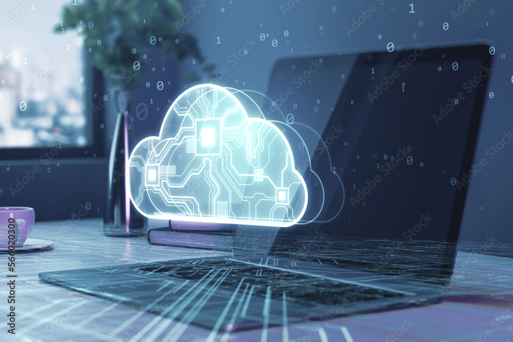 Aufkleber  laptop computer with hologram. Glowing cloud hologram. Cloud computing technology internet on converging point of circuit and abstract blue background. 