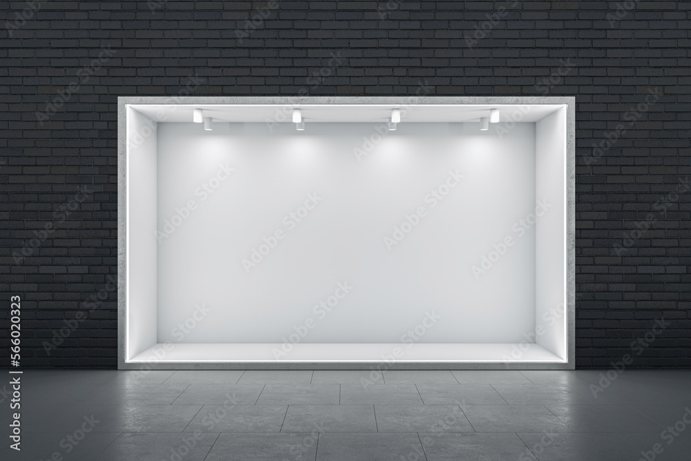 Poster Front view on blank white illuminated niche with place for car or product presentation in abstract empty hall with dark brick wall background and glossy floor. 3D rendering, mock up