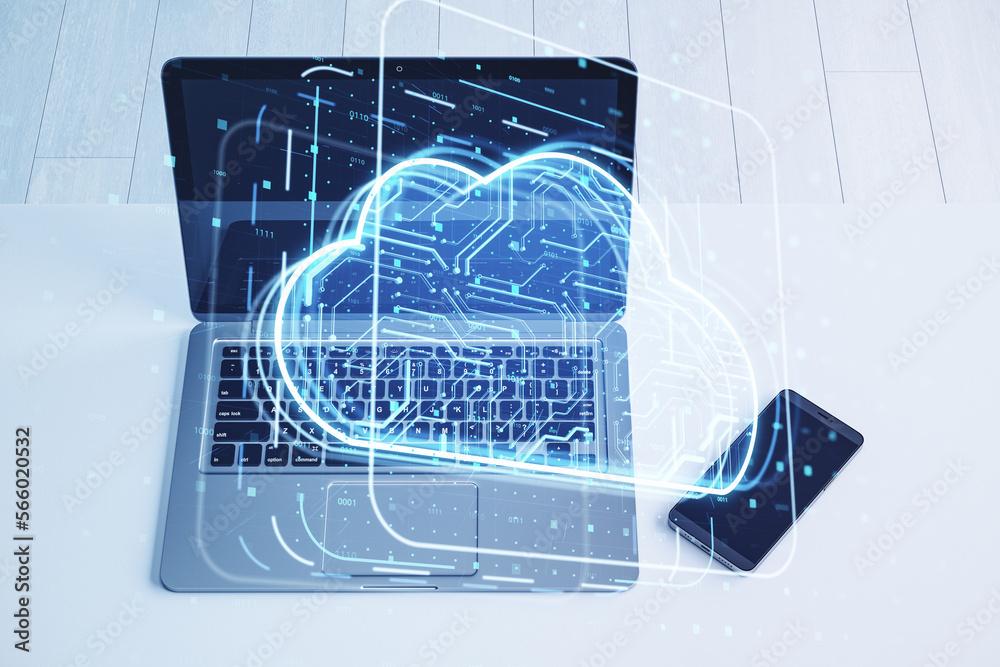 Poster Close up of laptop with cloud computing hologram on blurry office desktop background with cellphone. Data storage and server concept. Double exposure.