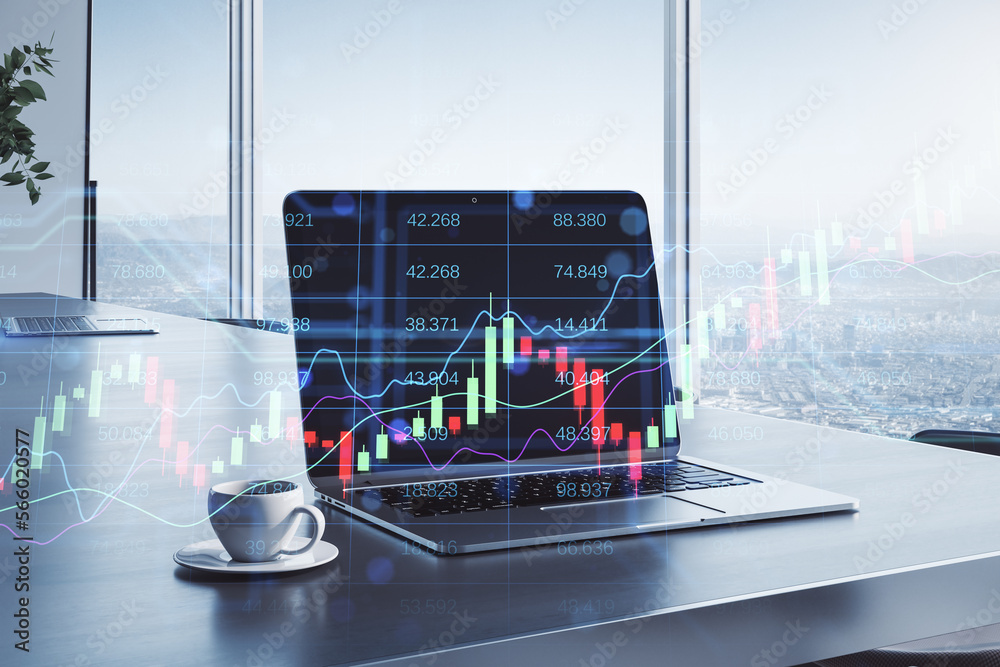 Poster business and financial report concept with digital financial chart growing candlestick and graphs on