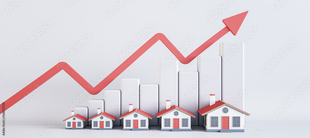 Poster Abstract image of rising house prices on light backdrop with red arrow, chart and houses. 3D Rendering.