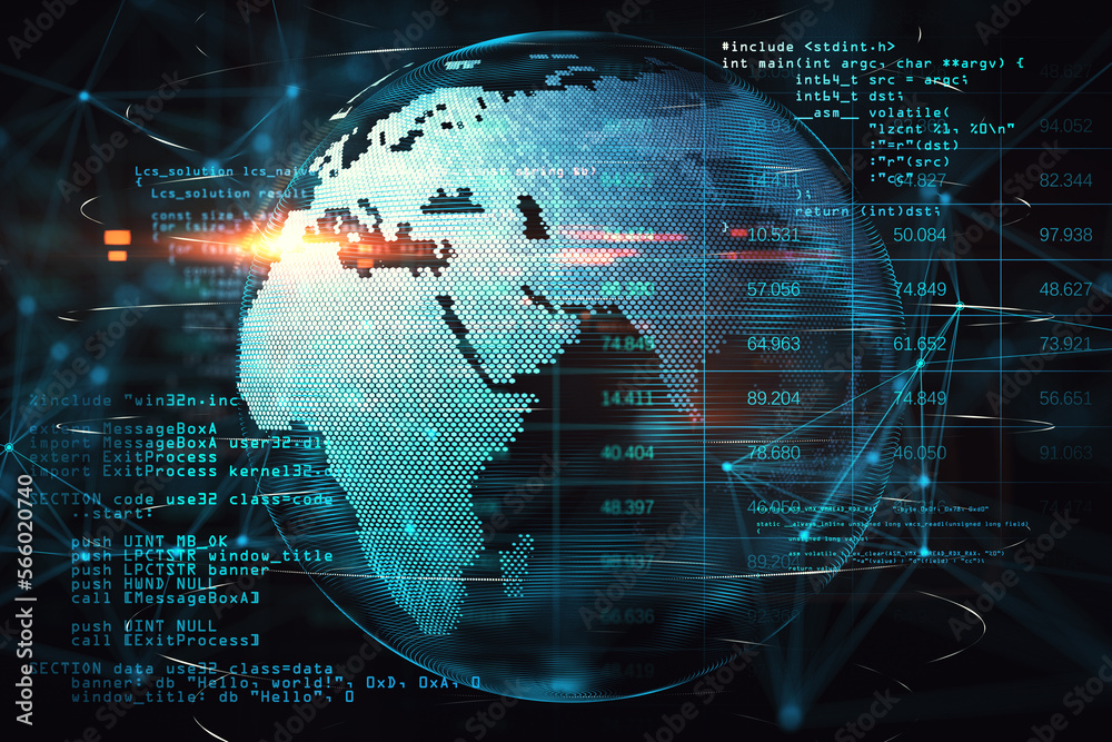 Leinwandbilder Internet technologies and global social network concept with graphic earth planet globe with bright red light, technological indicators and abstract coding background. 3D rendering