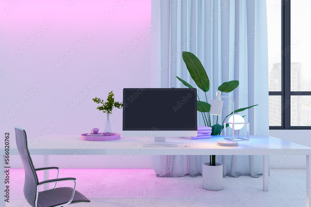 Poster Close up of empty computer on designer desktop in office interior with curtains, furniture, decorative plant and window with city view. Mock up, 3D Rendering.
