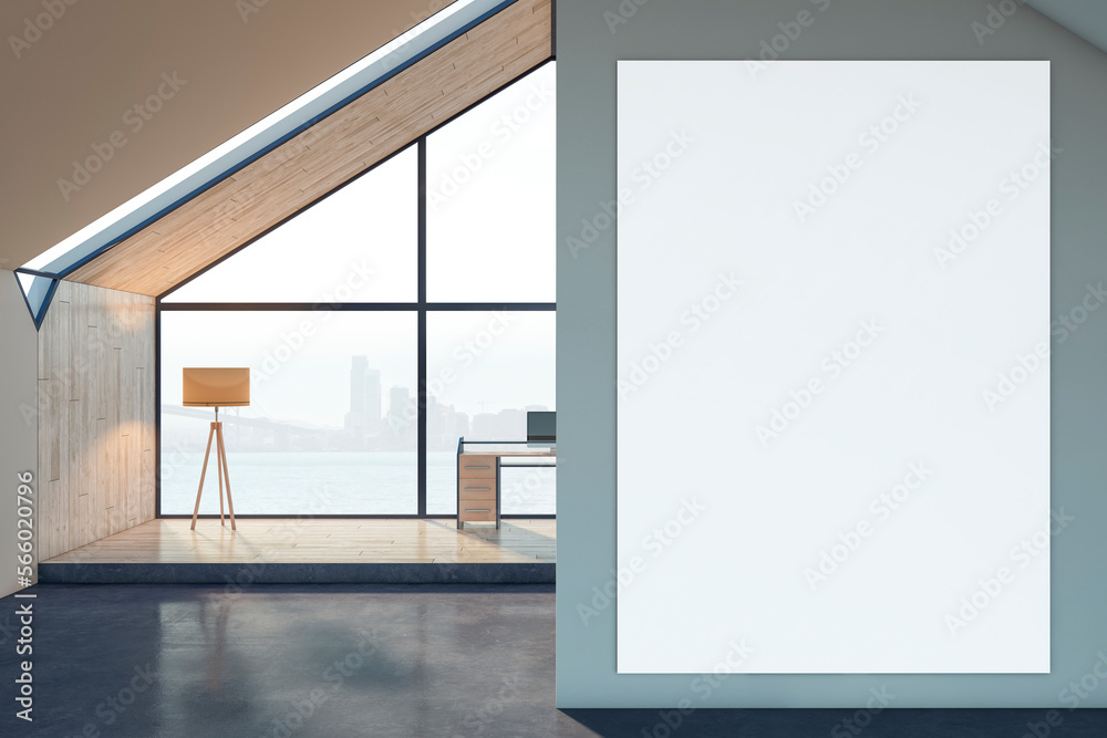Aufkleber modern loft attic office interior with empty white mock up banner, furniture, panoramic window and c
