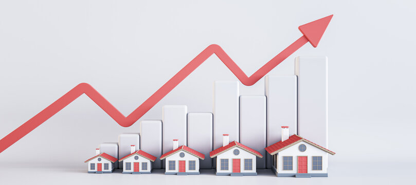 Abstract image of rising house prices on light backdrop with red arrow, chart and houses. 3D Rendering.