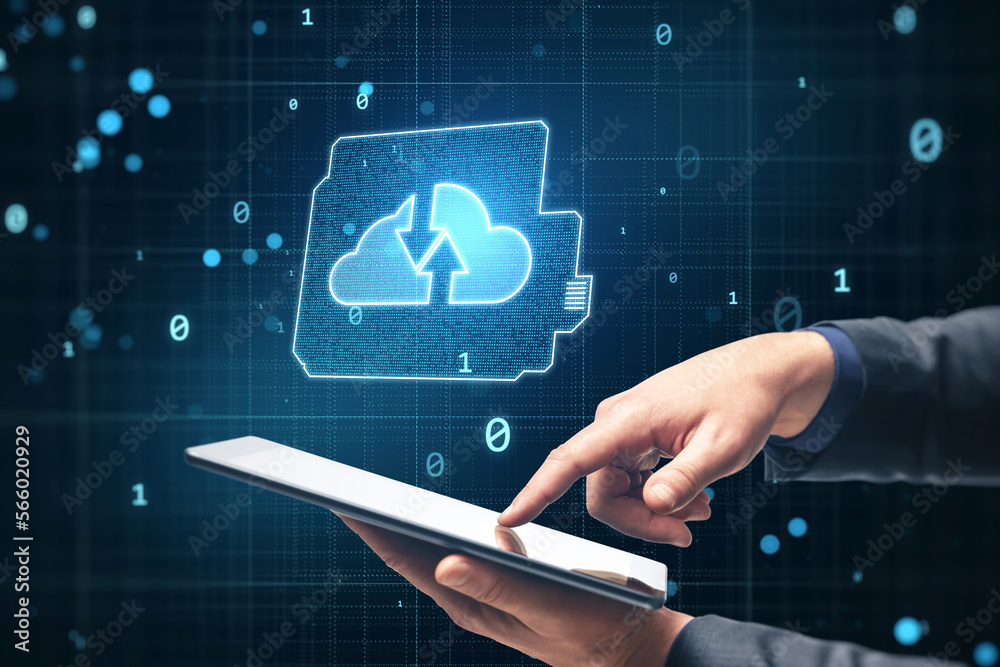 Aufkleber businessman hand pointing at cellphone with hologram. Glowing cloud hologram. Cloud computing technology internet on converging point of circuit and abstract blue backdrop. 