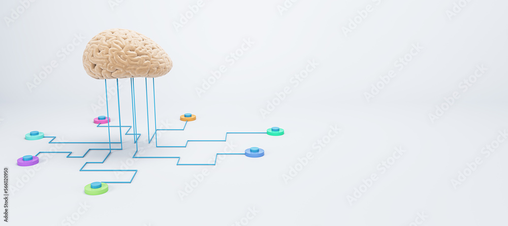 Aufkleber Abstract human brain connected to wires on wide white background with mock up place for your advertisement. Machine learning and ai concept. 3D Rendering.