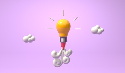 Light bulb flying to the sky like a rocket - 3D