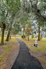 Path leading through a cemetery graveyard with spanish moss hanging from the trees