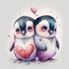 Valentines Day. Baby Penguins. Hearts. Love. Graphic Resource. Generative Ai