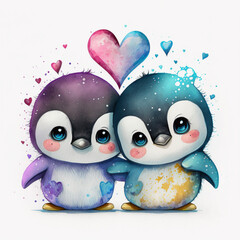 Valentines Day. Baby Penguins. Hearts. Love. Graphic Resource. Generative Ai