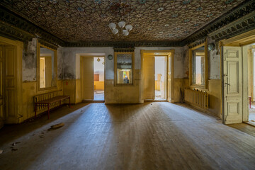 An old school in an abandoned manor house in central Poland, Europe in autumn