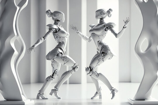 Two female robots dancing. Couple or friends. Artificial intelligence, digital technology. Digital smart world metaverse. Humanoide, cyborg. Generative AI.