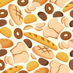 Seamless Pattern With Different Bread And Wheat Bakery Products. Baguette, Loaf, Toast Bun Or Donut Pastry Background