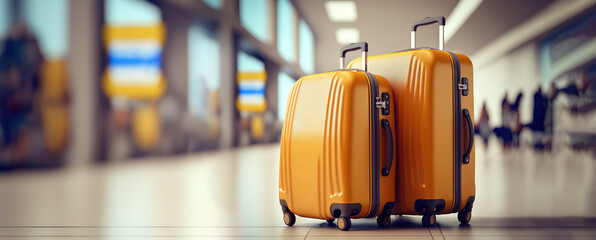 luggage suitcases at the airport wide banner with copy space area for vacations and holiday travel concepts