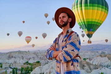 Portrait of bearded man traveler vacations beautiful destination in Goreme, Turkey. Fabulous...